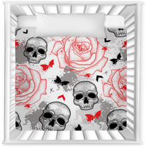 Vector Seamless Pattern With Dotted Skull Open Roses Arrows Butterflies And Blots In Red And Black And Gray On The White Background Abstract Creative Background In Trash Polka And Dotwork Style Nursery Decor 122071719