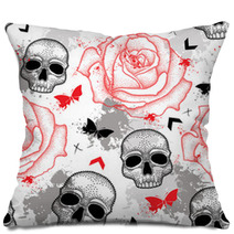 Vector Seamless Pattern With Dotted Skull Open Roses Arrows Butterflies And Blots In Red And Black And Gray On The White Background Abstract Creative Background In Trash Polka And Dotwork Style Pillows 122071719