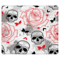 Vector Seamless Pattern With Dotted Skull Open Roses Arrows Butterflies And Blots In Red And Black And Gray On The White Background Abstract Creative Background In Trash Polka And Dotwork Style Rugs 122071719