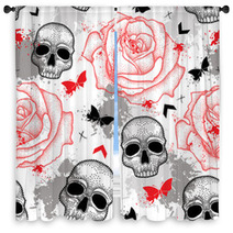 Vector Seamless Pattern With Dotted Skull Open Roses Arrows Butterflies And Blots In Red And Black And Gray On The White Background Abstract Creative Background In Trash Polka And Dotwork Style Window Curtains 122071719