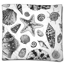 Vector Seamless Vintage Pattern With Black And White Seashells Blankets 61253351