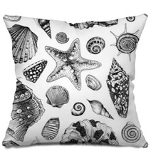 Vector Seamless Vintage Pattern With Black And White Seashells Pillows 61253351