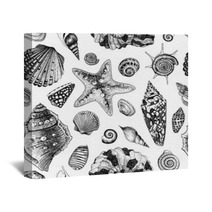 Vector Seamless Vintage Pattern With Black And White Seashells Wall Art 61253351