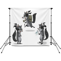 Vector Set Of Raccoons Bandits. Cartoon Image Of Three Funny Gray Striped Raccoons Bandits In Black Masks With Picklocks And A Bag Of Stolen Items On A Light Background. Backdrops 98750932