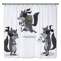 Vector Set Of Raccoons Bandits. Cartoon Image Of Three Funny Gray Striped Raccoons Bandits In Black Masks With Picklocks And A Bag Of Stolen Items On A Light Background. Bath Decor 98750932