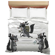 Vector Set Of Raccoons Bandits. Cartoon Image Of Three Funny Gray Striped Raccoons Bandits In Black Masks With Picklocks And A Bag Of Stolen Items On A Light Background. Bedding 98750932