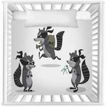 Vector Set Of Raccoons Bandits. Cartoon Image Of Three Funny Gray Striped Raccoons Bandits In Black Masks With Picklocks And A Bag Of Stolen Items On A Light Background. Nursery Decor 98750932