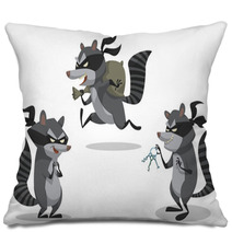 Vector Set Of Raccoons Bandits. Cartoon Image Of Three Funny Gray Striped Raccoons Bandits In Black Masks With Picklocks And A Bag Of Stolen Items On A Light Background. Pillows 98750932