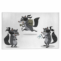 Vector Set Of Raccoons Bandits. Cartoon Image Of Three Funny Gray Striped Raccoons Bandits In Black Masks With Picklocks And A Bag Of Stolen Items On A Light Background. Rugs 98750932