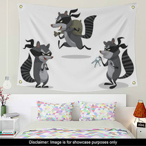 Vector Set Of Raccoons Bandits. Cartoon Image Of Three Funny Gray Striped Raccoons Bandits In Black Masks With Picklocks And A Bag Of Stolen Items On A Light Background. Wall Art 98750932