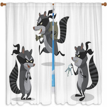 Vector Set Of Raccoons Bandits. Cartoon Image Of Three Funny Gray Striped Raccoons Bandits In Black Masks With Picklocks And A Bag Of Stolen Items On A Light Background. Window Curtains 98750932
