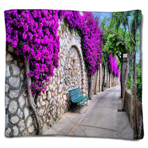 Vibrant Flower Draped Pathway In Capri, Italy Blankets 50635038