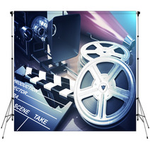 Video, Movie, Cinema Vintage Concept. Retro Camera, Reels And Cl Backdrops 87370063