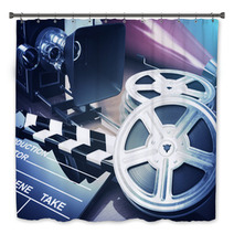 Video, Movie, Cinema Vintage Concept. Retro Camera, Reels And Cl Bath Decor 87370063