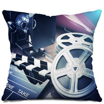 Video, Movie, Cinema Vintage Concept. Retro Camera, Reels And Cl Pillows 87370063