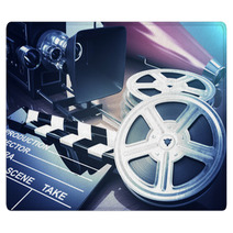 Video, Movie, Cinema Vintage Concept. Retro Camera, Reels And Cl Rugs 87370063
