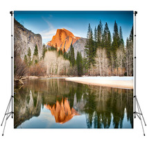 View Of Half Dome Reflected In The Merced River At Yosemite Backdrops 50014853
