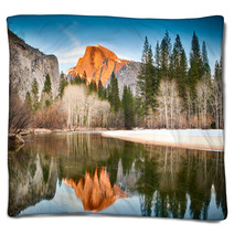 View Of Half Dome Reflected In The Merced River At Yosemite Blankets 50014853