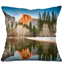 View Of Half Dome Reflected In The Merced River At Yosemite Pillows 50014853