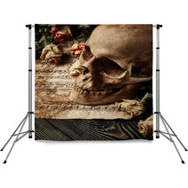Vintage Background With Skull Dry Roses And Music Sheet Backdrops 116721488