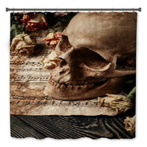 Vintage Background With Skull Dry Roses And Music Sheet Bath Decor 116721488
