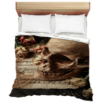 Vintage Background With Skull Dry Roses And Music Sheet Bedding 116721488