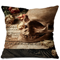 Vintage Background With Skull Dry Roses And Music Sheet Pillows 116721488