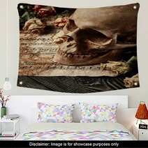 Vintage Background With Skull Dry Roses And Music Sheet Wall Art 116721488