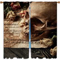 Vintage Background With Skull Dry Roses And Music Sheet Window Curtains 116721488
