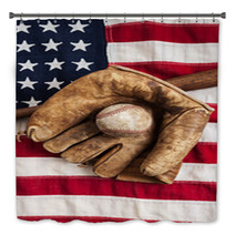 Vintage Baseball Bat And Glove On American Flag Bath Decor 55929477