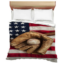 Vintage Baseball Bat And Glove On American Flag Bedding 55929477