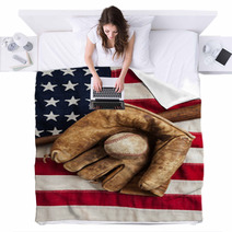Vintage Baseball Bat And Glove On American Flag Blankets 55929477