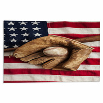 Vintage Baseball Bat And Glove On American Flag Rugs 55929477