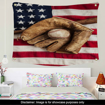 Vintage Baseball Bat And Glove On American Flag Wall Art 55929477