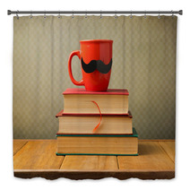 Vintage Books And Cup With Mustache On Wooden Table Bath Decor 53458311