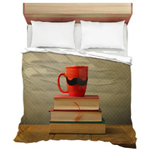 Vintage Books And Cup With Mustache On Wooden Table Bedding 53458311