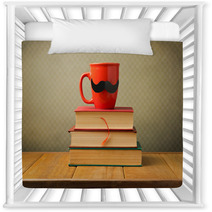 Vintage Books And Cup With Mustache On Wooden Table Nursery Decor 53458311
