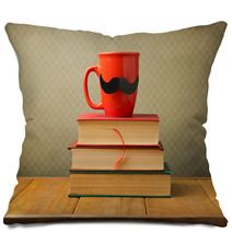 Vintage Books And Cup With Mustache On Wooden Table Pillows 53458311