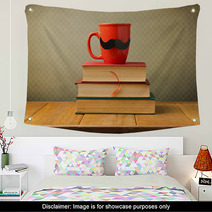 Vintage Books And Cup With Mustache On Wooden Table Wall Art 53458311