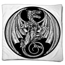 Vintage Dragon Etching Woodcut Blankets 133624723