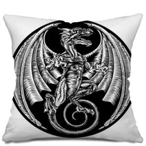 Vintage Dragon Etching Woodcut Pillows 133624723