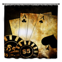 Vintage Playing Cards On A Dark Background With Some Poker Chips Bath Decor 8872864