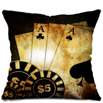 Vintage Playing Cards On A Dark Background With Some Poker Chips Pillows 8872864