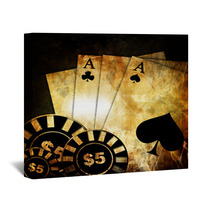 Vintage Playing Cards On A Dark Background With Some Poker Chips Wall Art 8872864