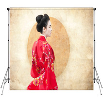 Vintage Style Portrait Of A Woman In Red Kimono Backdrops 63613796
