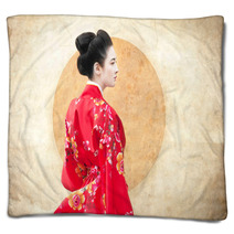 Vintage Style Portrait Of A Woman In Red Kimono Blankets 63613796