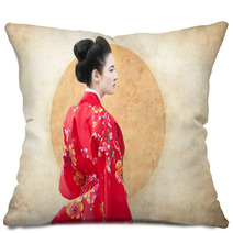 Vintage Style Portrait Of A Woman In Red Kimono Pillows 63613796