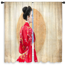 Vintage Style Portrait Of A Woman In Red Kimono Window Curtains 63613796