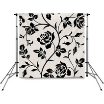 Vintage Wallpaper With Blooming Roses And Leaves Floralm Seamless Pattern Decorative Branch Of Flowers Black Silhouette On White Background Backdrops 123416656