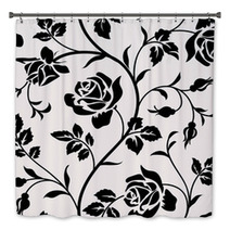 Vintage Wallpaper With Blooming Roses And Leaves Floralm Seamless Pattern Decorative Branch Of Flowers Black Silhouette On White Background Bath Decor 123416656